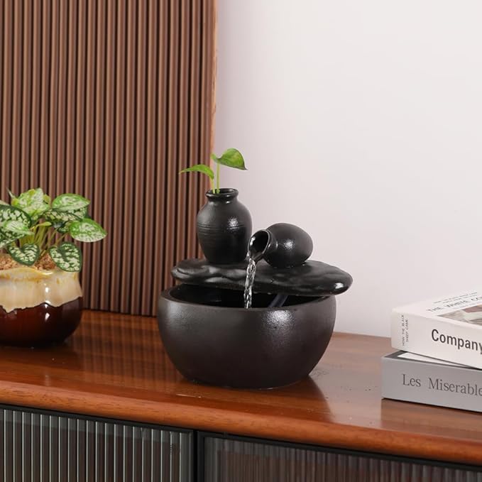 Ceramic Tabletop Fountain for Indoor and Home Decoration Table Desk Office Patio (Ceramic Pot Fountain) (Black) - Bloomnest