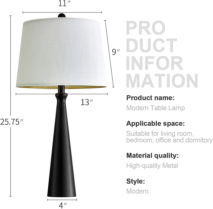 Oneach 25.75" Table Lamps Set of 2 for Living Room Bedroom, Bedside Lamp 3-Way Dimmable Touch Control, Modern Black Nightstand Light Fabric Shade Vintage Accent Style - Bloomnest