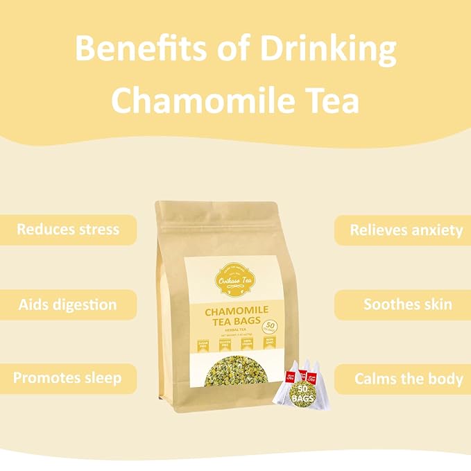 Ovikaso Tea, Chamomile Tea Bags, 50 Pyramid Tea Bags, 1.5g/bag, 100% Natural, Herbal Tea for Relaxation, Direct from Source, Non-GMO, No Caffeine - Bloomnest