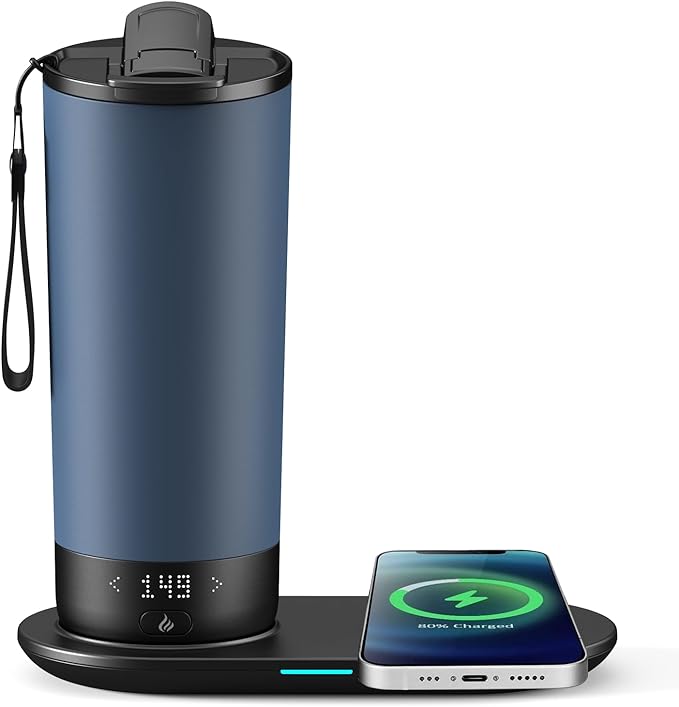 Temperature Control Heated Travel Mug Smart Self Heating Coffee Mug 20 Oz App Controlled LED Display coffee serving sets mug kept at a constant temperature for 4-10 hours (Slate Blue, 20 oz) - Bloomnest