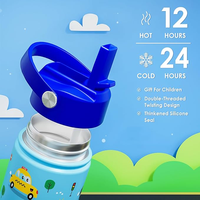 Transportation Kids Water Bottle With Straw Lid 12oz Insulated Stainless Steel, Travel Tumbler, Gifts For Boys, Birthday, Christmas, Back To School - Bloomnest