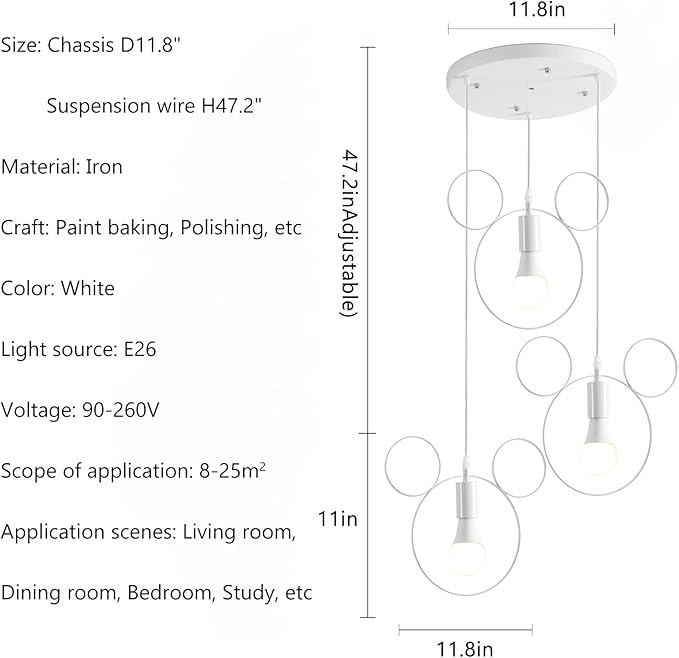 Cartoon Mouse Pendant Light Fixtures，3-Lights White Iron Chandelier Cute Fun Children's Bedroom Ceiling Lamp Shade Wrought Iron Hanging Lights for Kitchen Island Cafe Dining Room - Bloomnest