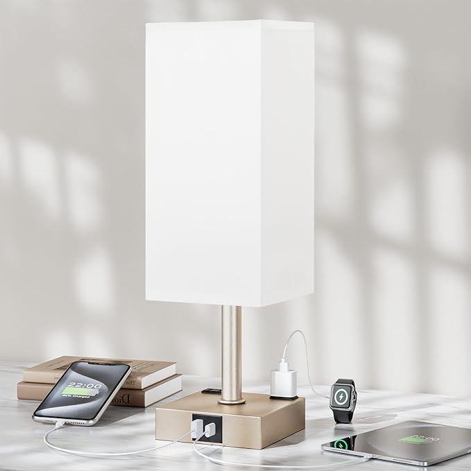 Antique White Touch Table Lamp - Mochaca Gold Bedside Lamp with USB A + Type C Charging Ports and Two AC Outlets, Small Night Stand with E26 LED Bulb, Desk Light for Bedroom Living Room Office Dorm - Bloomnest