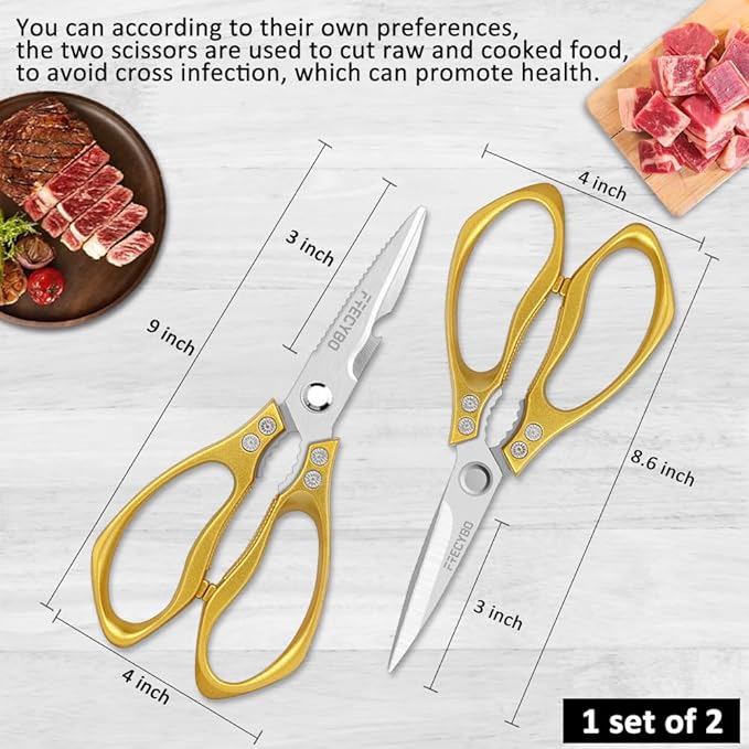 Kitchen Scissors, 2-Pack Multipurpose Kitchen Shears with Comfort Grip, Stainless Steel Cooking Scissors for Cutting Chicken, Meat, Food, Fish, Bread (Golden) - Bloomnest