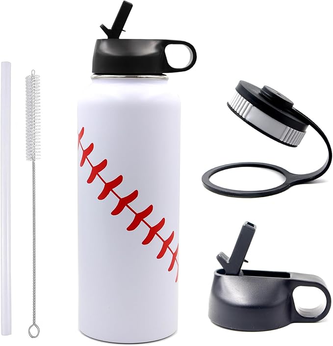 40 oz Baseball Water Bottle, Wide Mouth Sports Flask Metal Travel Tumbler with 2 Lids, Stainless Steel Double Wall Vacuum Insulated Thermo Water Jug, Baseball Accessories Gifts for Mom Boys Girls - Bloomnest