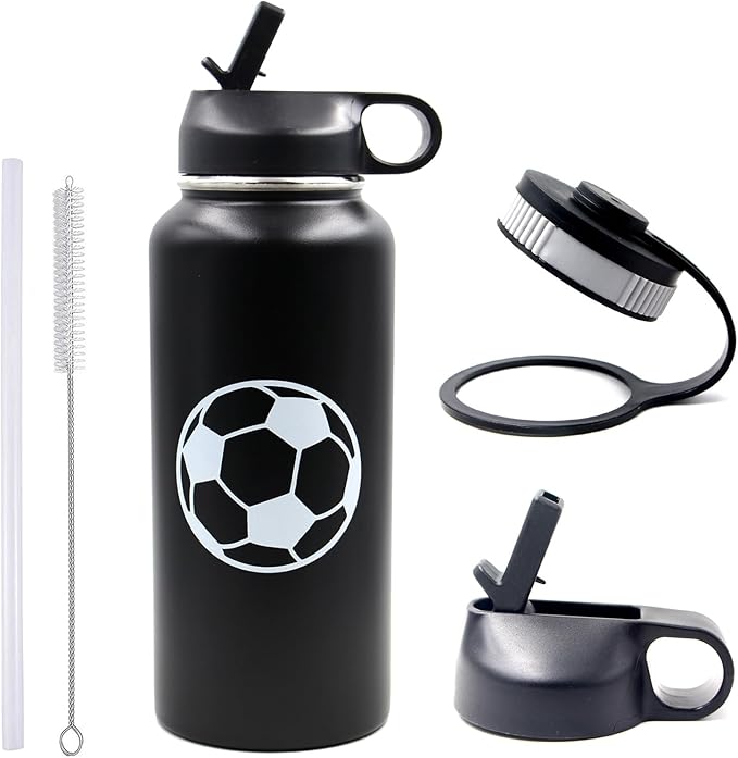 32 oz Soccer Water Bottle with Straw, Wide Mouth Sports Flask Metal Travel Tumbler with 2 Lids, Stainless Steel Double Wall Vacuum Insulated Leakproof Thermo Water Bottles, Soccer Gifts for Boys Girls - Bloomnest