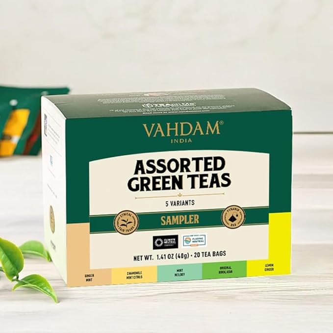 VAHDAM, Assorted Green Tea Bags Sampler (5 Flavors, 20 Ecofriendly Pyramid Tea bags) I Gift Ideas for Women & Men | Himalayan Green Tea Varieties | Gluten Free & Non GMO | Gift Ideas for Him/Her - Bloomnest