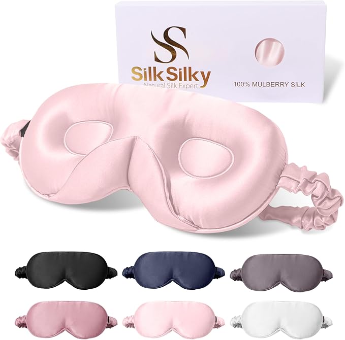 SilkSilky 100% 22 Momme Mulberry Silk Sleep Mask – Upgraded 3D Contoured Eye Mask with Nose Wing Pads & Adjustable Strap, Luxury Blackout Eye Cover for Women & Men (Pink) - Bloomnest