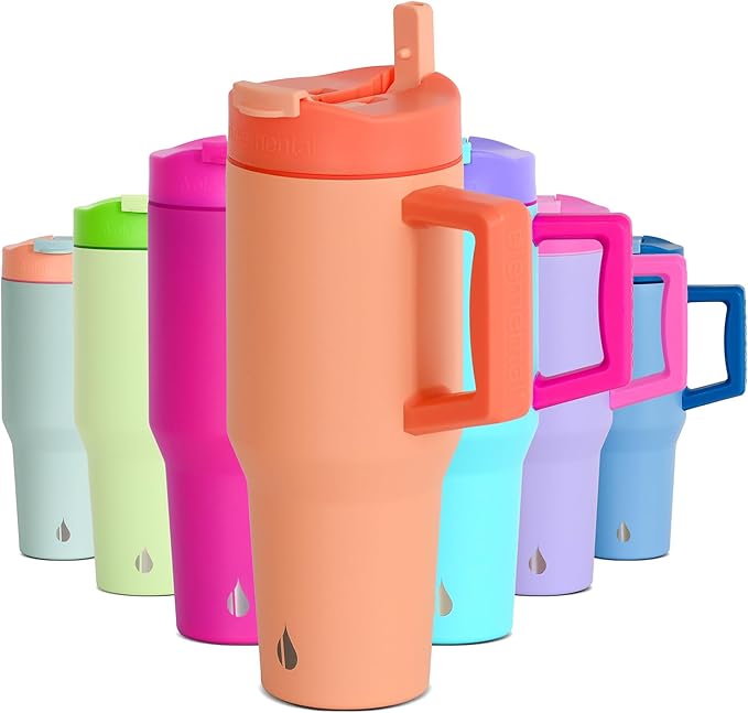 Elemental 32 oz 100% Leak Proof Tumbler with Handle & Straw - Stainless Steel Double Wall Insulated Tumbler for Hot and Cold Beverages - Travel Coffee Mug with Sip & Straw Lid - Peach Sunrise - Bloomnest