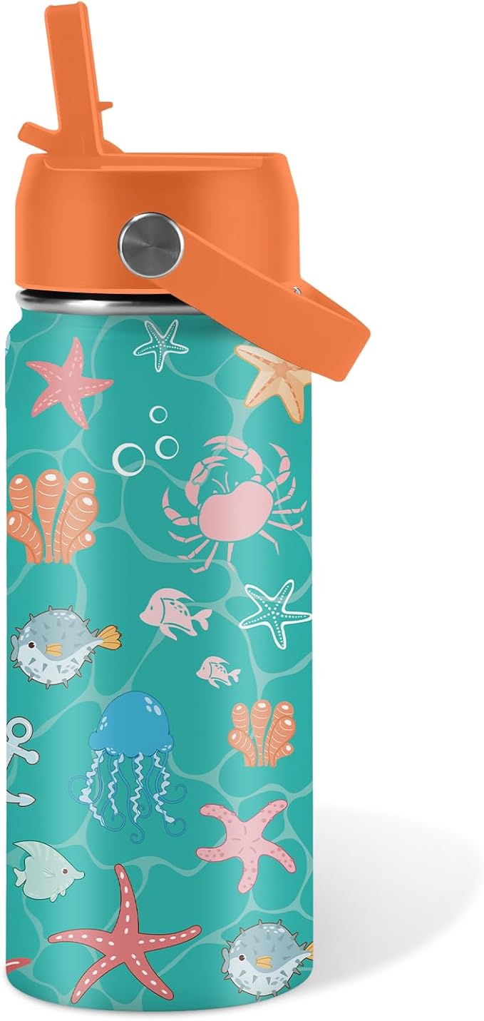 Ocean Gifts for Kids - 16 Oz Green Water Bottle with Straw Lid, Stainless Steel Insulated Tumbler, Leak Proof, BPA-Free, for Girls & Boys, School, Beach - Marine Life Lovers Birthday Gifts (1pc) - Bloomnest