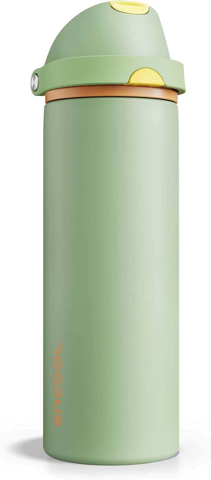 Insulated Water Bottle with Straw - Encool Stainless Steel Water Bottle with Push Button Lid, Leak-Proof & BPA-Free, Keeps Cold for 24 Hours for Sports, Travel, Gym (24 oz, Lichen-Yellow) ENCOOL