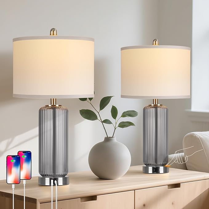Table Lamps Set of 2 with Touch Control, 3-Way Dimmable Nightstand Lamp with Vertical Grained Glass, Grey Bedside Table Lamps, 27" Modern Glass Bedside Lamps with USB A+C Ports, Desk Lamp for Bedroom - Bloomnest