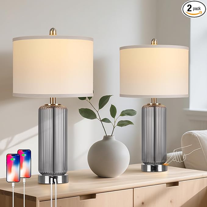 Table Lamps Set of 2 with Touch Control, 3-Way Dimmable Nightstand Lamp with Vertical Grained Glass, Grey Bedside Table Lamps, 27" Modern Glass Bedside Lamps with USB A+C Ports, Desk Lamp for Bedroom - Bloomnest