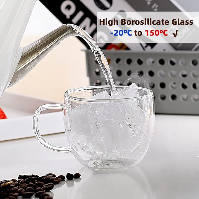CNGLASS 8oz Double Wall Glass Coffee Mugs,Clear Insulated Espresso Glass Mugs with Handle for Latte,Cappuccino,Coffee,Set of 4 - Bloomnest