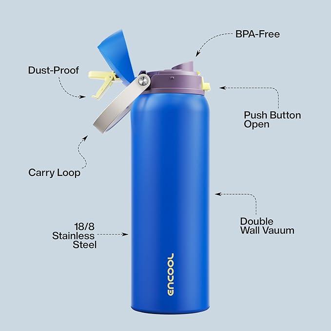 Insulated Water Bottle with Straw - Encool Stainless Steel Water Bottle with Push Button Lid, Leak-Proof & BPA-Free, Keeps Cold for 24 Hours for Sports, Travel, Gym (40 oz, Sapphire) ENCOOL