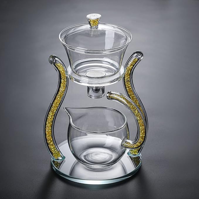 RORA Glass Teapot Set Semi Automatic Drip Rotating with Infuser Lazy Kungfu Tea pot Set (Yellow) - Bloomnest