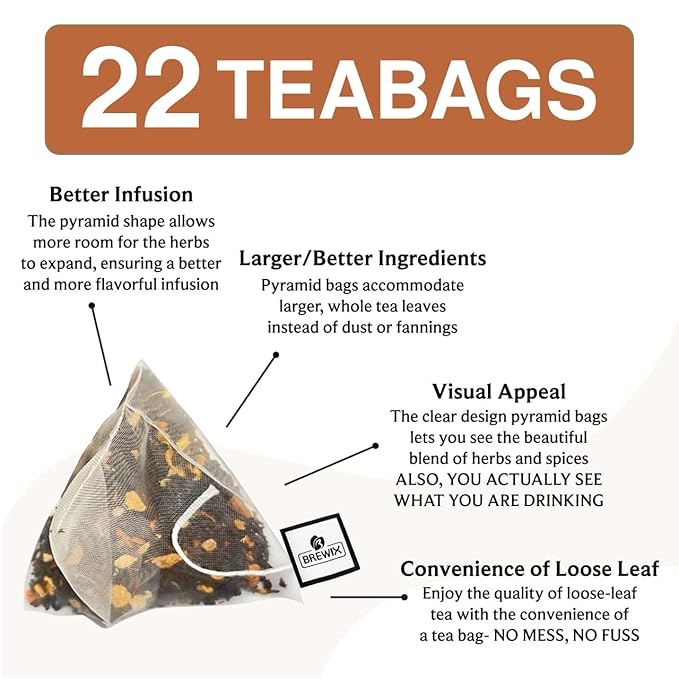 BREWIX, Masala Chai Tea Bags (22 Pyramid Tea Bags) Strong, Robust & Spicy - Pure Ingredients | Black Tea, Cinnamon, Ginger, Black Pepper, Cardamom & Cloves, Packed in Resealable Ziplock Pouch - Bloomnest