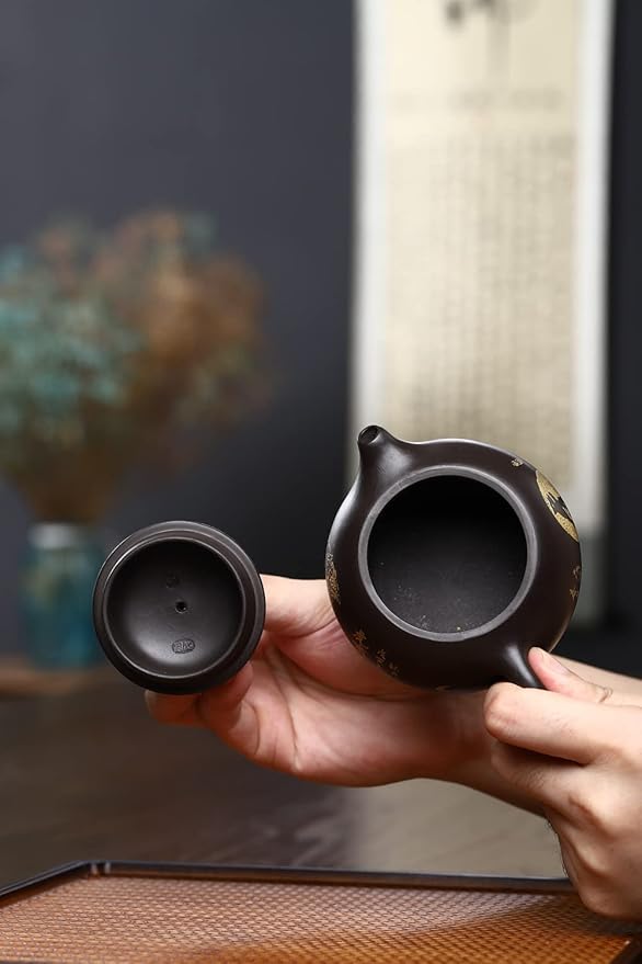Xishi Teapot 7oz Chinese Yixing Zisha Clay Pot Ceramics Purple Sand Mud Kungfu Tea Set Kettle Spherical Filter (Black with golden tiger) - Bloomnest