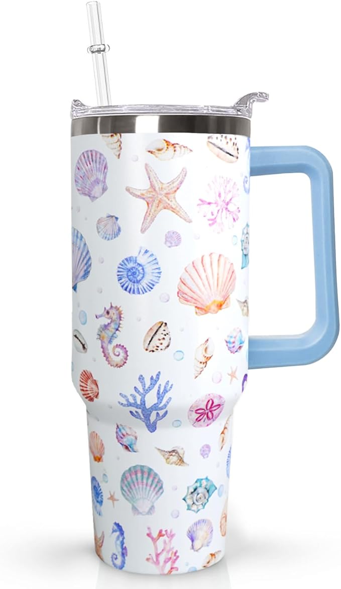 Ceovfoi 40 Oz Rainbow Seashells Tumbler with Handle Lid and Straw,Watercolor Ocean Cup,Water Bottle,Travel Coffee Mug,Hawaiian Rainbow Seashells Decor,Accessorie - Bloomnest