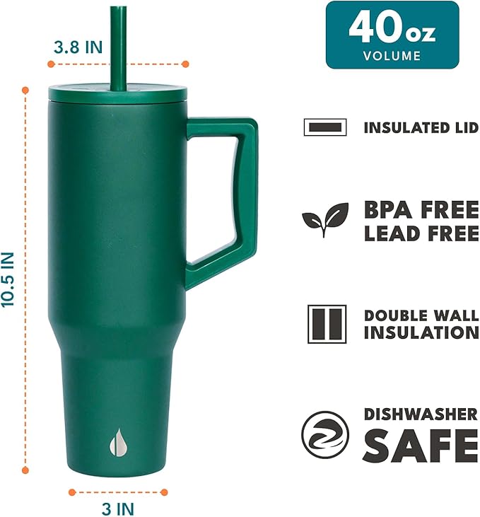 Elemental 40 oz Tumbler with Handle and Straw - Spill Proof Insulated Stainless Steel Commuter for Hot and Cold Beverages - Travel Coffee Mug with 2 Straws & Spill Proof Lid - 40oz - Forest Green - Bloomnest