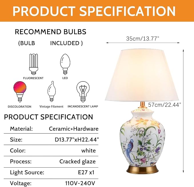 22.44' Flower and Bird Ceramic Table Lamp - White Chinoiserie Design for Bedroom, Living Room and More - Bloomnest