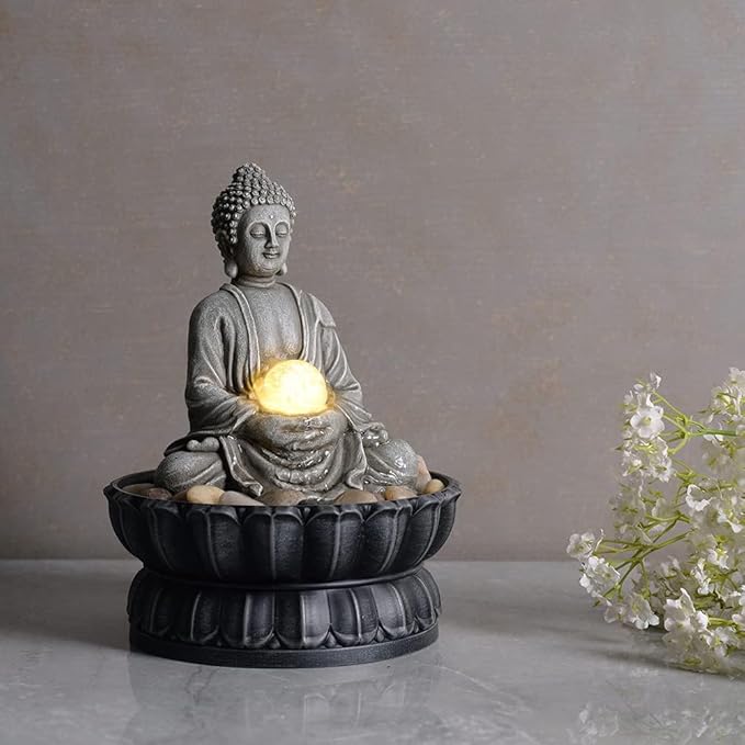 Kalona Tabletop Buddha Waterfall Fountain, Meditating Buddha Zen Fountain with LED Glass Orb, Relaxing Desk Water Feature for Home Office Decor(21127B) - Bloomnest