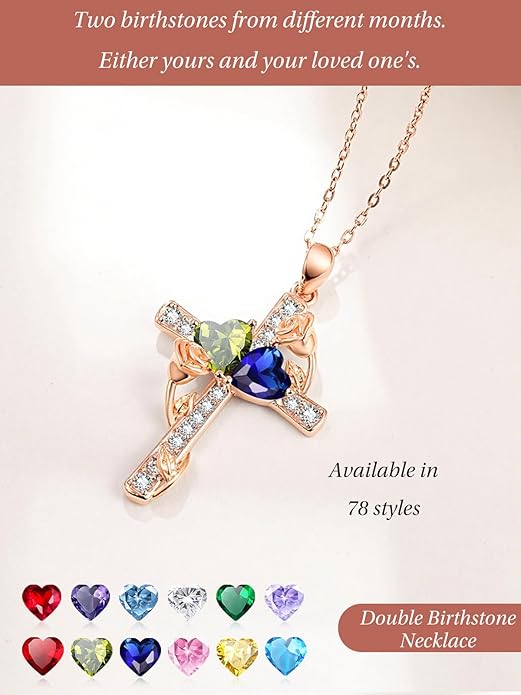 Rose Gold Dual Birthstones Cross Necklace for Women Rose Flower Jewelry Anniversary Christmas Mother's Valentine's Day Birthday Gift for Wife Girlfriend Mom - Bloomnest