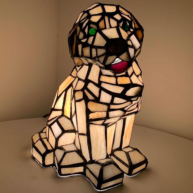 Bieye L10886 Tiffany-Style Stained Glass Dog Accent Table Lamp - 9.5-Inch Tall - Adorable Cream Dog Patiently Awaiting a Treat - Bloomnest