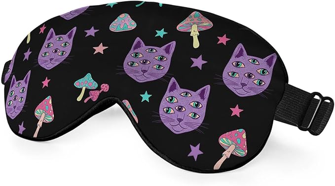 Cat Mushrooms Silk Eye Mask Sleep Mask Bright Psychedelic Cat Halloween Black Eye Mask with Adjustable Strap Lightweight for Women Work Travel Night Sleep - Bloomnest