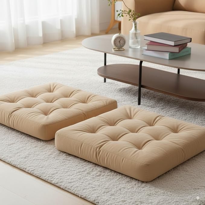 Velvet Floor Pillow Set of 2, Square Large Pillows seating for Adults, Beige Tufted Cushions for Meditation, Yoga, Tatami, Living Room, Chair, Machine-Washable & Dryer-Safe, Beige, 22x22 Inch - Bloomnest