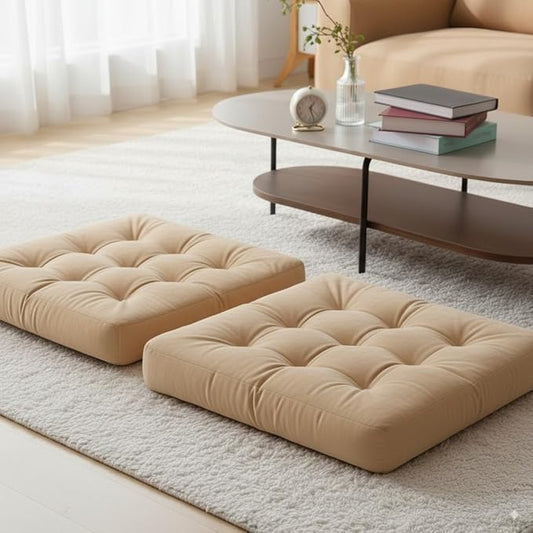 Velvet Floor Pillow Set of 2, Square Large Pillows seating for Adults, Beige Tufted Cushions for Meditation, Yoga, Tatami, Living Room, Chair, Machine-Washable & Dryer-Safe, Beige, 22x22 Inch - Bloomnest