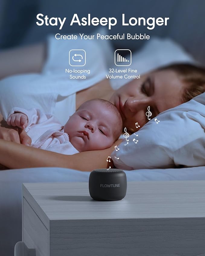 Sound Machine Flowtune White Noise Machine for Baby Adults, Mini Portable Sound Machine for Travel, 6H Timer, 18 Soothing Sleep Sounds Gift (Black) - Bloomnest