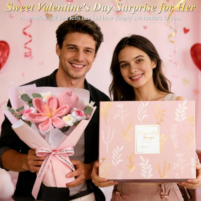 Valentine's Day Birthday Gifts for Women Self Care Package Get Well Soon Gift Baskets, Thinking of You Sympathy Spa Gift Set w/ Crochet Flower Bouquet, Unique Gifts for Women Her Wife Girlfriend Mom