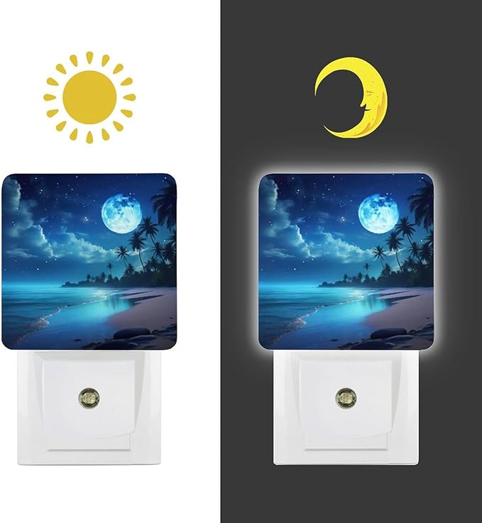 Moon Beach Night Light, Plug into Wall Decor Nightlights for Bedroom, Bathroom, Hallway, Kitchen, with Dusk to Dawn Light Auto Sensors LED Night Lights for Boys Girls Women Men Room Gifts - Bloomnest