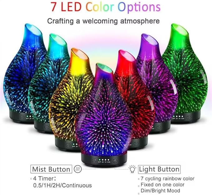 Essential Oil Diffuser 120ML -3D Firework Glass Aromatherapy Diffusers for Essential Oils with 4 Timer Setting Auto Shut-Off Silent Operation 7 Colors Lights Changing for Room, Office, Yoga - Bloomnest