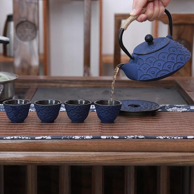 Japanese Style Cast Iron Teapot Set with 4 Tea Cups Iron Tea Kettle with Infuser Hemp Rope Trivet Asian Gift for Adults Parents (Fish Scale Pattern, Blue,Anti Rust) - Bloomnest