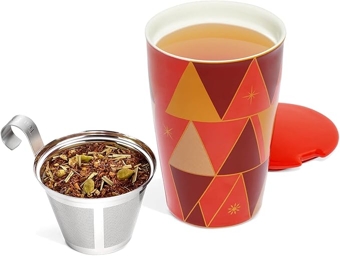 Tea Forte Double-Walled Ceramic Kati Cup, Removable Stainless Steel Infuser Basket and Lid, Steeps 12 oz Loose Leaf Tea, Dishwasher & Microwave Safe, Warming Joy - Bloomnest