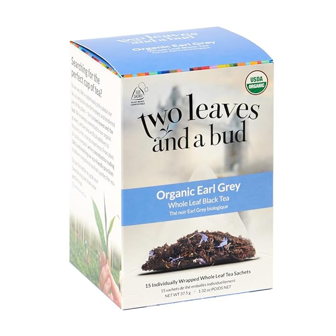 Two Leaves and a Bud Organic Earl Grey Tea Bags, Whole Leaf Caffeinated Black Tea in Compostable Sachets, Caffeinated Black Tea Flavored with Bergamot, Add Milk and Sugar, 15 Count (Pack of 1) - Bloomnest