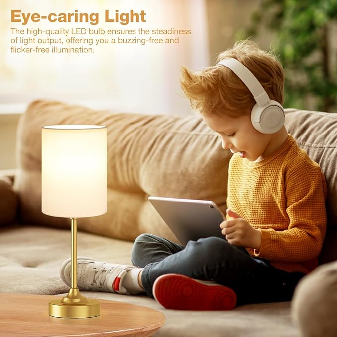 Fenmzee Gold Nightstand Bedroom Lamp - 3 Way Dimmable Bedside Lamp, Small Table Lamp Linen Lampshade for Office Desk, LED Bulb Included - Bloomnest