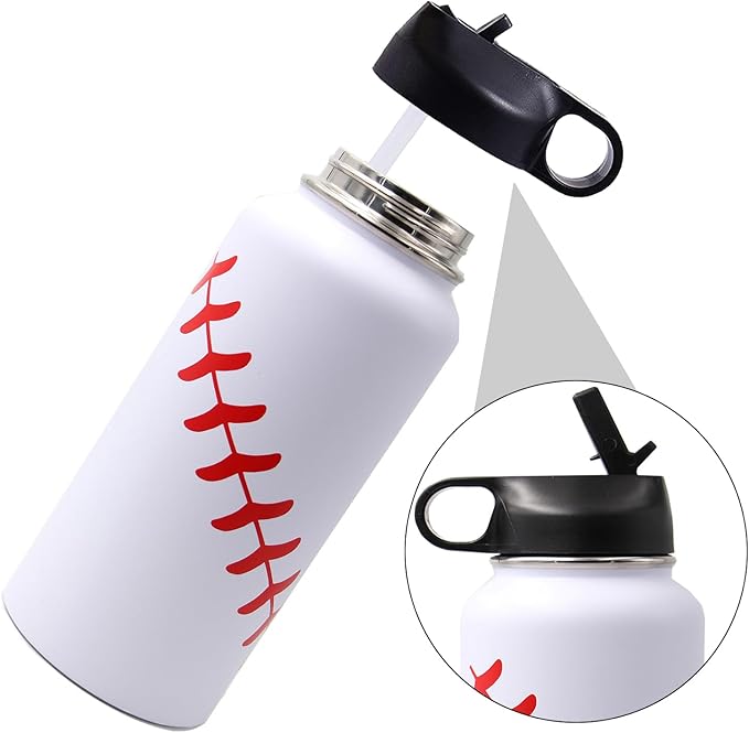 32 oz Baseball Water Bottle, Wide Mouth Sports Flask Metal Travel Tumbler with 2 Lids, Stainless Steel Double Wall Vacuum Insulated Thermo Water Bottles, Baseball Accessories Gifts for Mom Boys Girls - Bloomnest