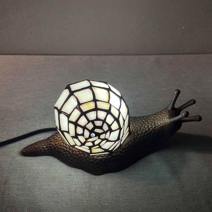 Bieye L10988 Land Snail Tiffany Style Stained Glass Accent Table Lamp for Home Decoration (White, 10" D x 5" W x 5" H) - Bloomnest