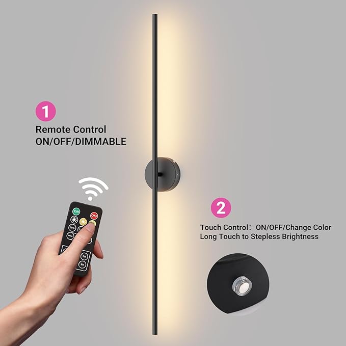 Tipace Battery Operated Wall Sconces Set of 2,Dimmable Battery Wall Sconce with Remote Control,Black LED Rechargeable Sconces,39.4 Inch Modern Wall Lights for Bedroom,Living Room - Bloomnest