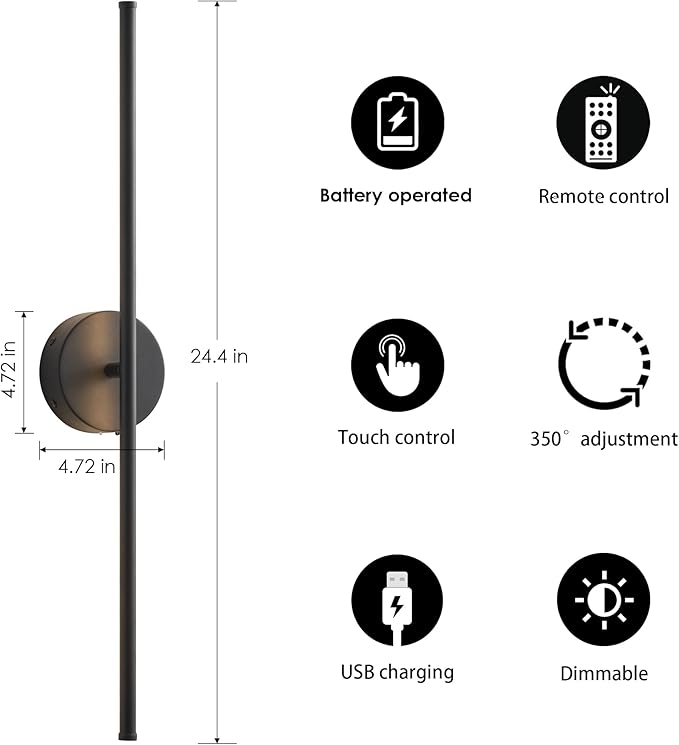 Battery Operated Wall Sconces, Dimmable Wall Sconces Set of Two, 350°Rotate, 3000K LED Black Wireless Wall Light for Living Room, Bedroom,Hallway, 24.4 Inch (2 Pack) - Bloomnest
