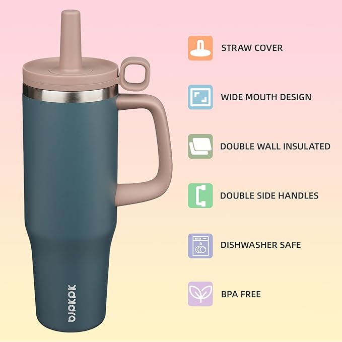 BJPKPK Insualted Tumblers with Handle and Straw 40oz Stianless Steel Travel Coffee Mug Thermal Cups with Lid,Navy Blue - Bloomnest
