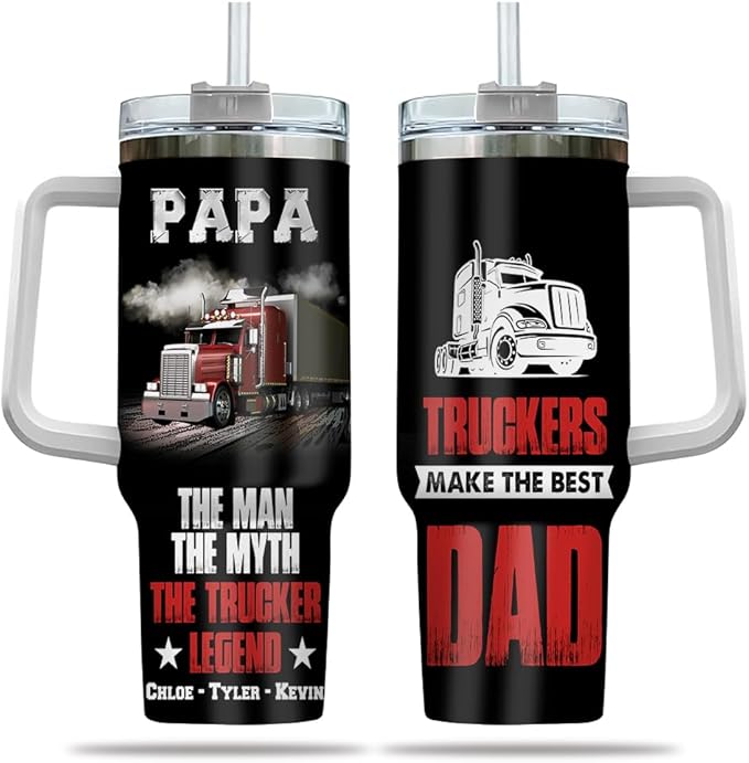 Personalized Trucker Dad Tumbler 40oz with Handle and Straw, Custom Semi Truck Design with Kids’ Names, Gift for Truck Driver Papa or Grandpa for Father’s Day, Birthday or Christmas - Bloomnest