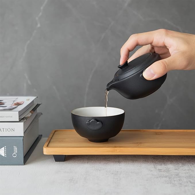HEER Chinese Travel Gaiwan Tea Set for One, Ceramic Small Kungfu Teapot with Teacup for Adults, Black Japanese Style Tea Accessories Birthday Gift for Tea Lovers. - Bloomnest