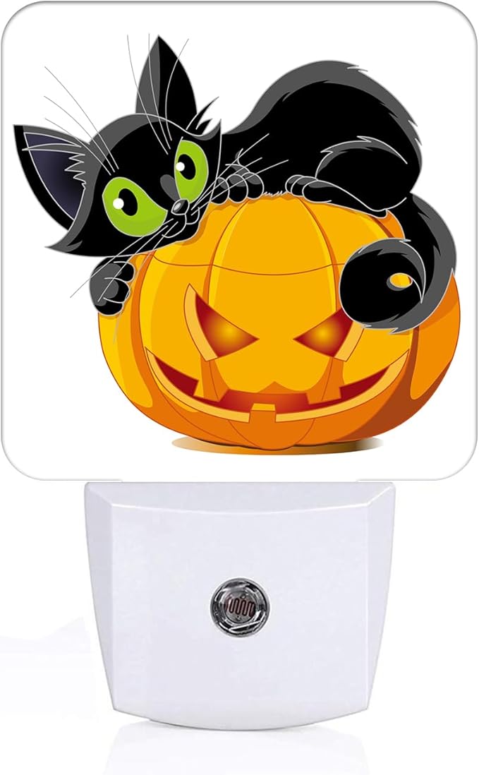 Black Cat Lying On Pumpkin Night Light,Plug Into Wall Decor for Stairway,Hallway,Kitchen,Dusk to Dawn Sensor Nightlights for Boys/Girls/Women/Men Room Gifts - Bloomnest