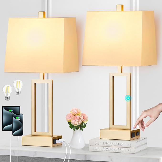 Touch Control Table Lamps Set of 2, Modern Gold Bedside Lamps with USB A+C Ports & AC Outlet, 3 Way Dimmable Contemporary Nightstand Lamps for Bedroom Living Room(LED Bulb Included) - Bloomnest