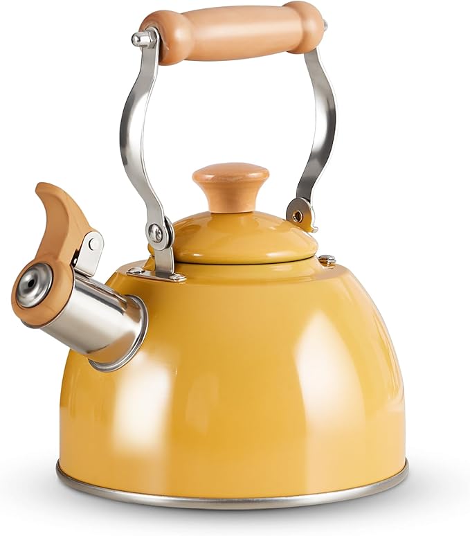 ROCKURWOK Tea Kettle, Tea Pot with Cool Touch Ergonomic Handle, Teapot Food Grade Stainless Steel, Tea Kettle Stovetop, Kettle Teapot, Whistling Tea Kettle, Small Tea Kettles, 1.6 Quart (Yellow) - Bloomnest