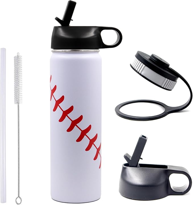 22 oz Baseball Water Bottle, Sports Flask Metal Travel Tumbler with 2 Lids, Stainless Steel Double Wall Vacuum Insulated Leak Proof Thermo Water Bottles, Baseball Accessories Gifts for Mom Boys Girls - Bloomnest